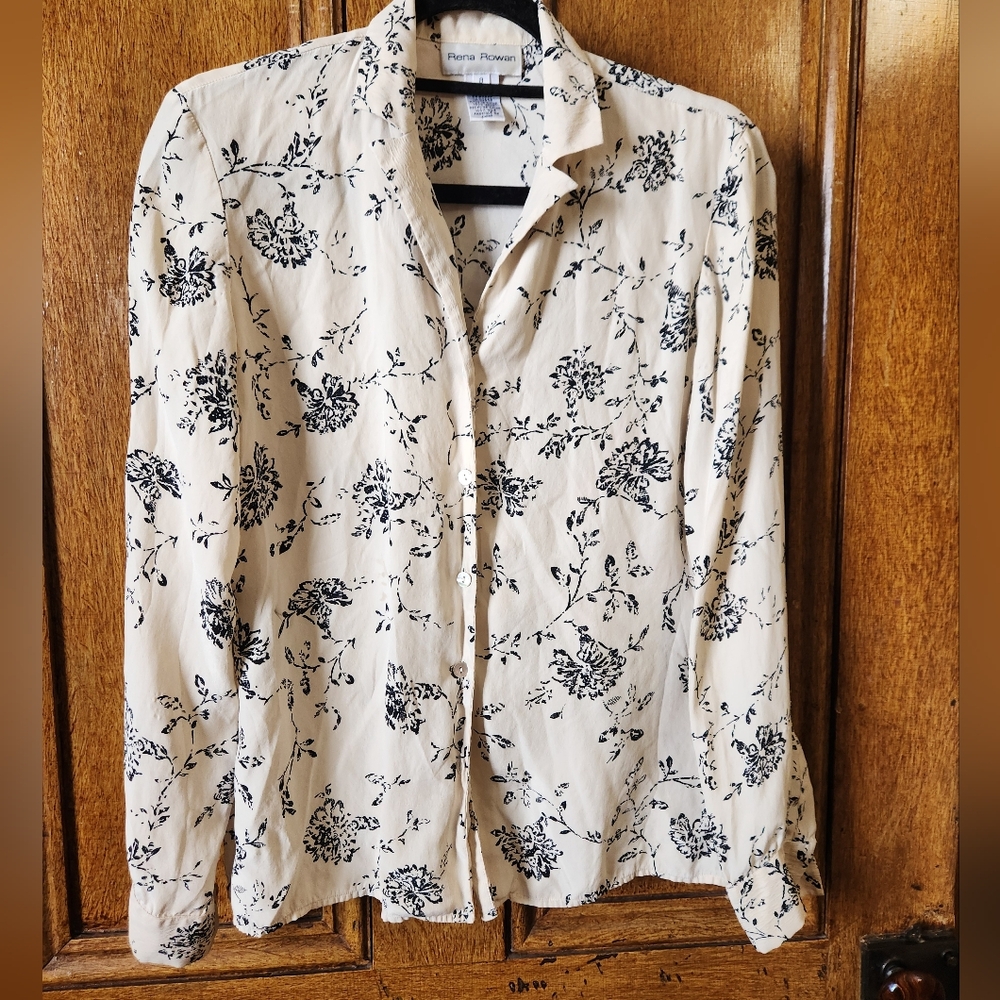 Rena Rowan Cream Button-Down Silk Shirt with Black Floral Print